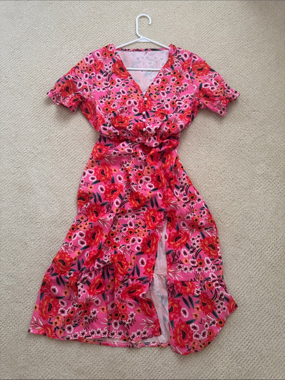 Women’s Pink Floral Midi Dress with Short Sleeves